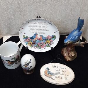 Vintage porcelain bird lover's bundle: plate, mug, egg, figurine, plaque